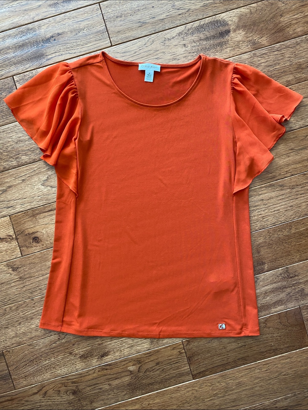 Calvin Klein Women's Burnt Orange Sheer Flutter Sleeve Tee